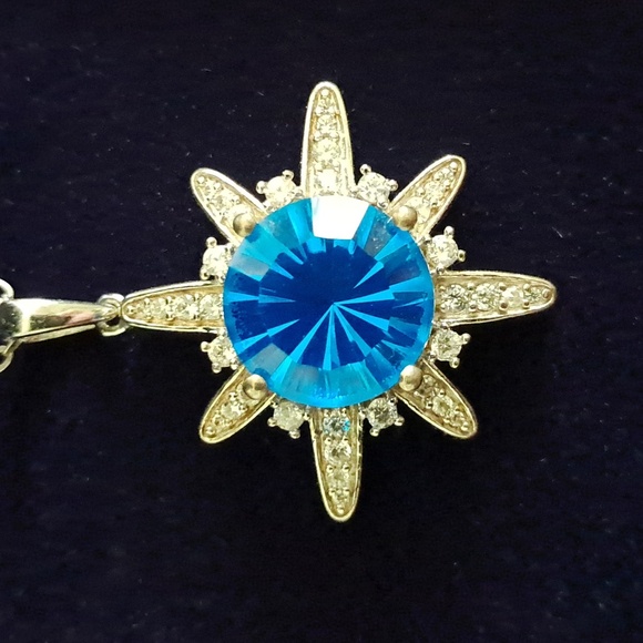 Caribbean Quartz & Natural White Zircon Accented Sunburst Pendant Necklace - Picture 2 of 8